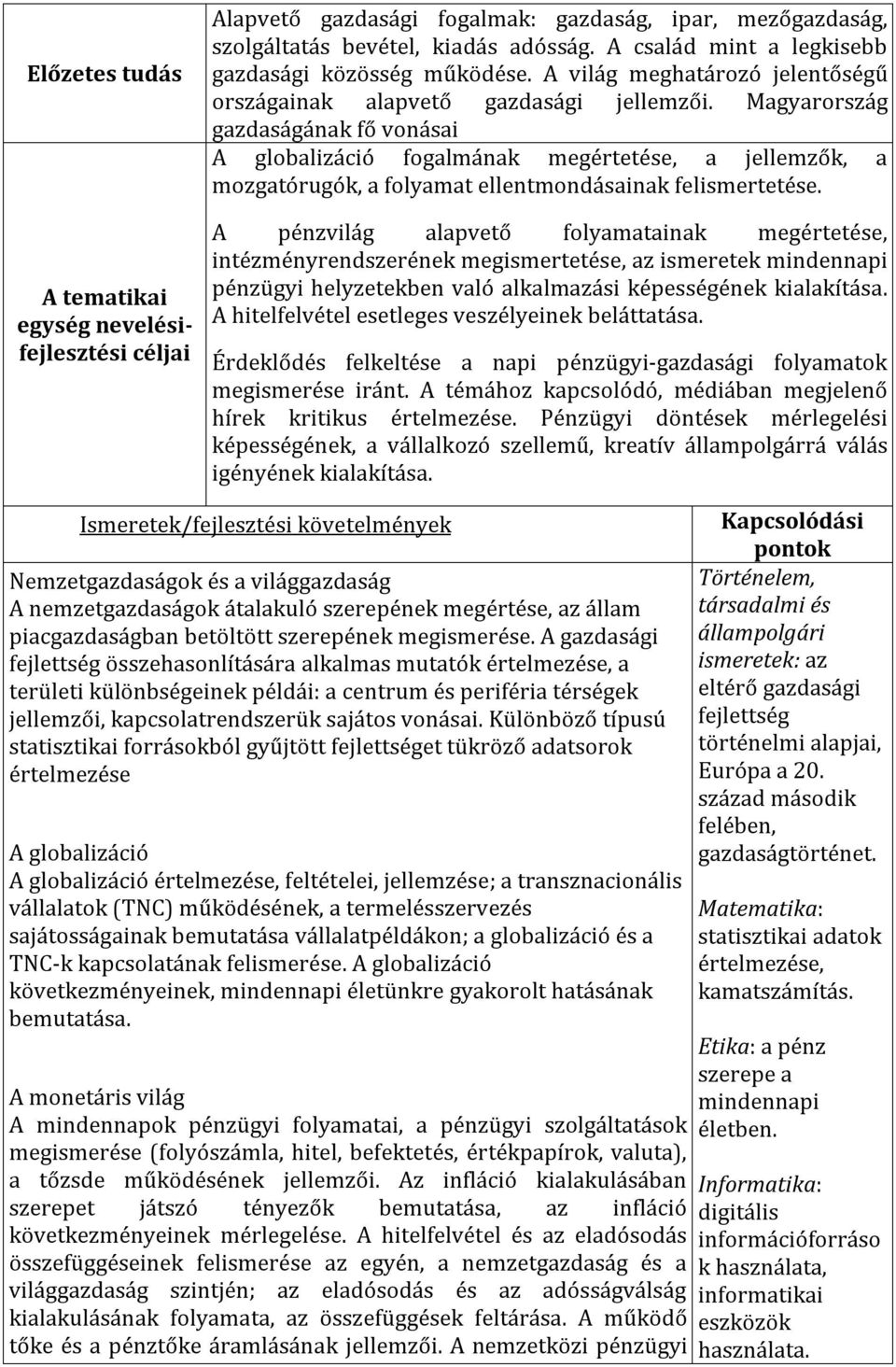 Magyarország gazdaságának fő vonásai A globalizáció fogalmának megértetése, a jellemzők, a mozgatórugók, a folyamat ellentmondásainak felismertetése.