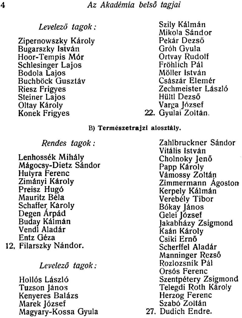 Rendes tagok: Lenhossék Mihály Mágocsy-Dietz Sándor Hutyra Ferenc Zimányi Károly Preisz Hugó Mauritz Béla Schaffer Károly Degen Árpád Buday Kálmán Vendl Aladár Entz Géza 12, Filarszky Nándor.