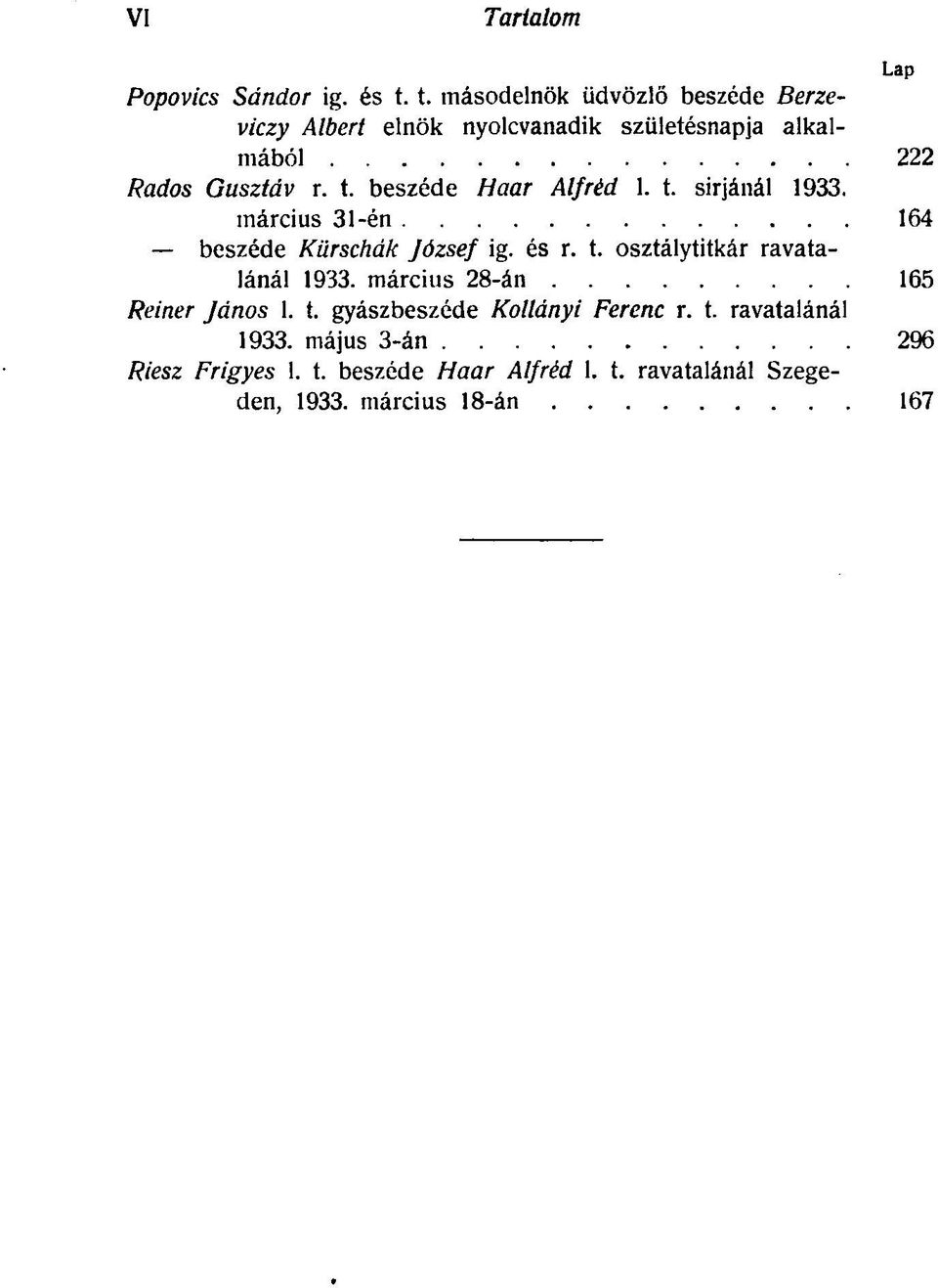 beszéde Haar Alfréd 1. t. sírjánál 1933. március 31-én 164 beszéde Kürschák József ig. és r. t. osztálytitkár ravatalánál 1933.
