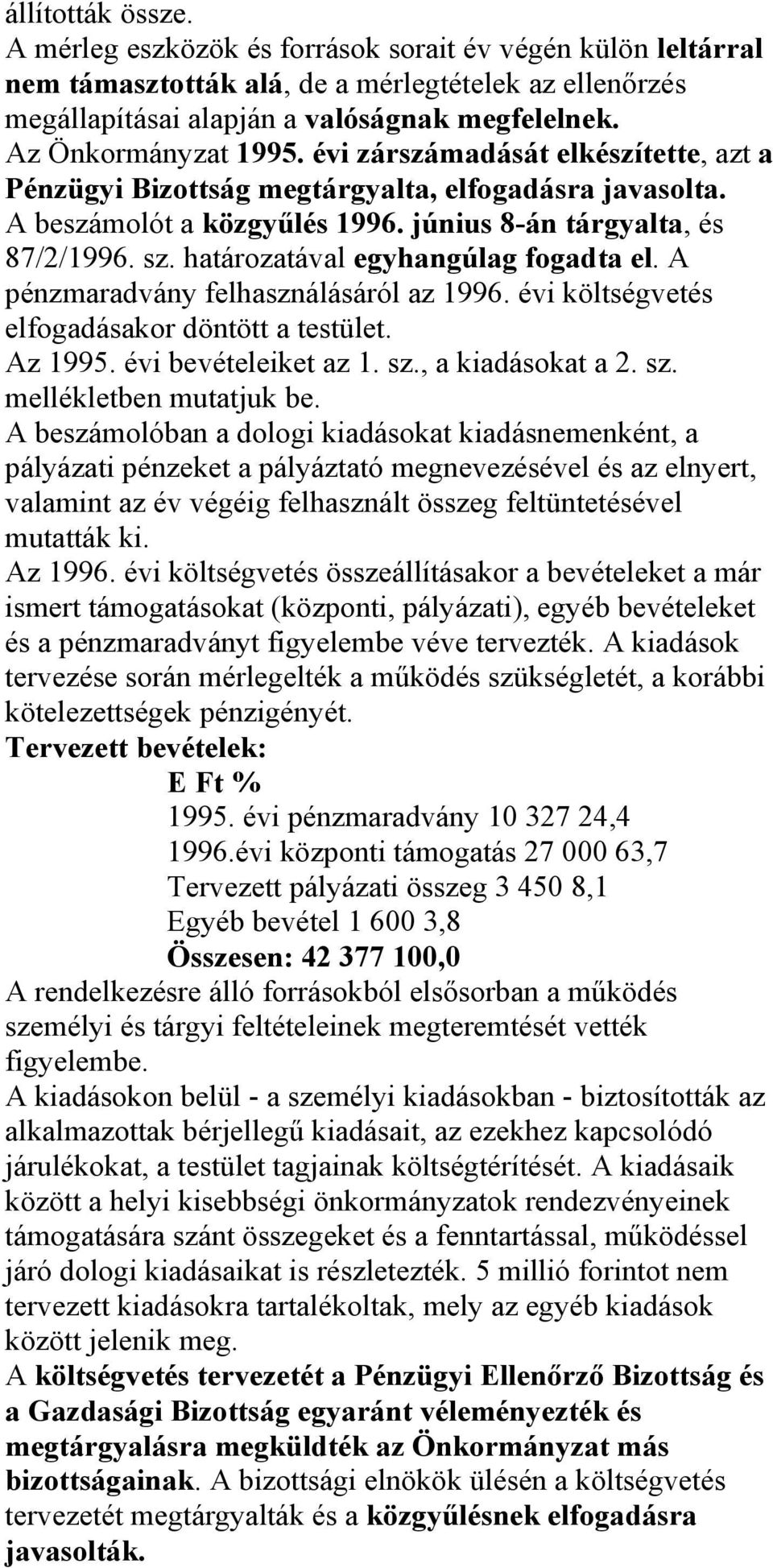 határozatával egyhangúlag fogadta el. A pénzmaradvány felhasználásáról az 1996. évi költségvetés elfogadásakor döntött a testület. Az 1995. évi bevételeiket az 1. sz., a kiadásokat a 2. sz. mellékletben mutatjuk be.