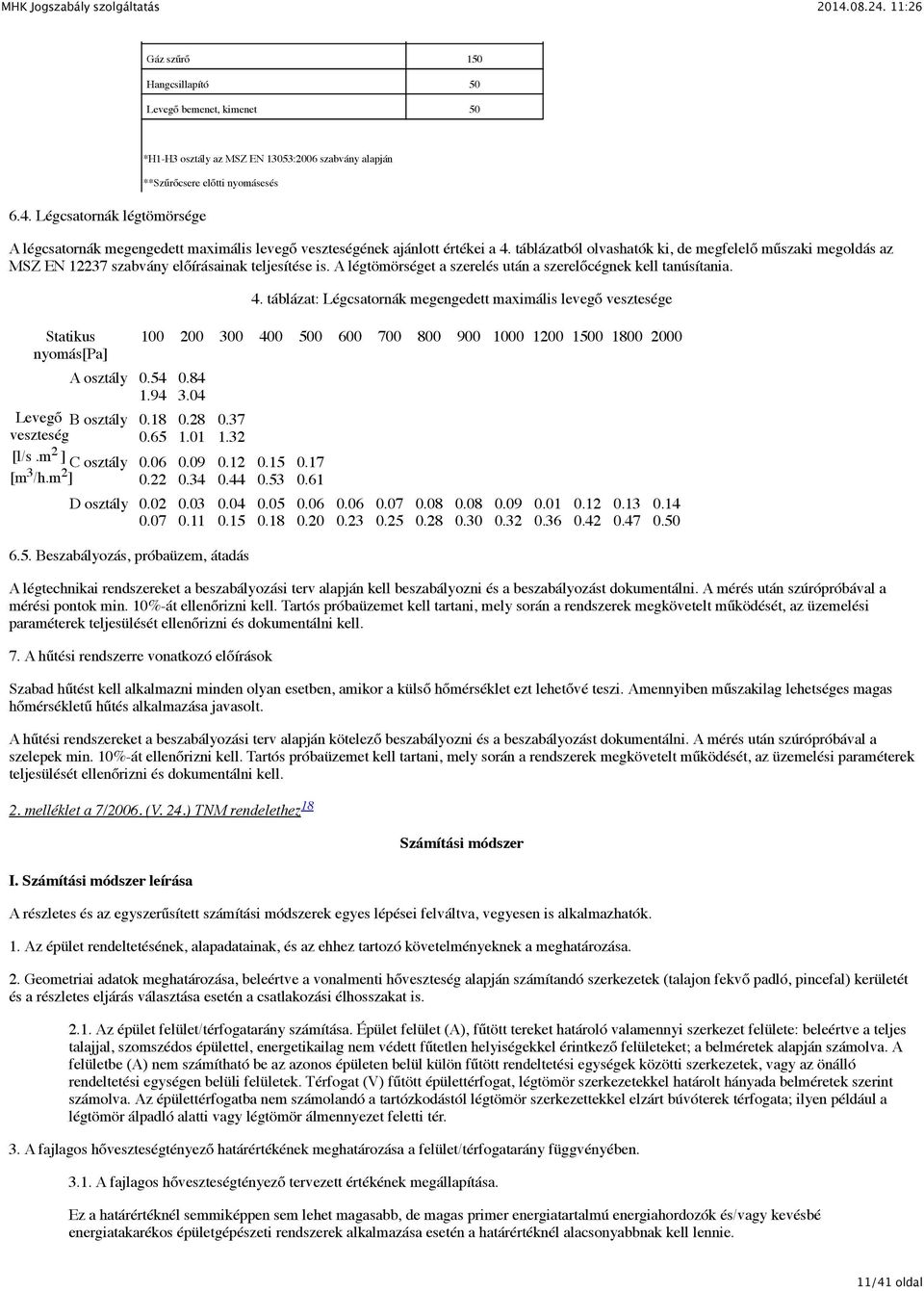 táblázatból olvashatók ki, de megfelelő műszaki megoldás az MSZ EN 12237 szabvány előírásainak teljesítése is. A légtömörséget a szerelés után a szerelőcégnek kell tanúsítania.