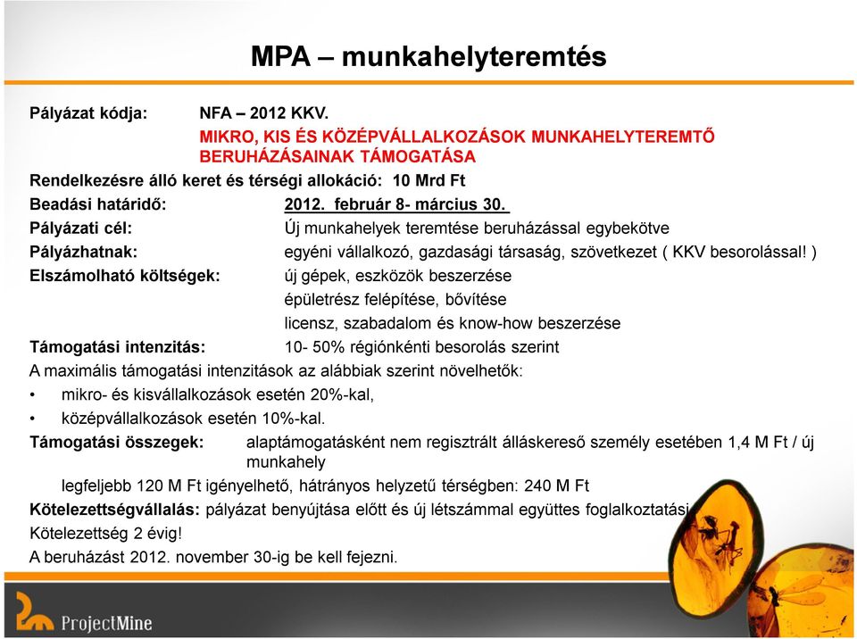 Pályázati cél: Új munkahelyek teremtése beruházással egybekötve Pályázhatnak: egyéni vállalkozó, gazdasági társaság, szövetkezet ( KKV besorolással!