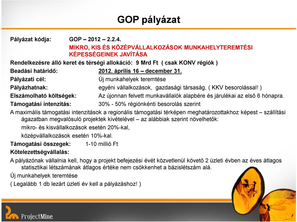 Pályázati cél: Új munkahelyek teremtése Pályázhatnak: egyéni vállalkozások, gazdasági társaság, ( KKV besorolással!