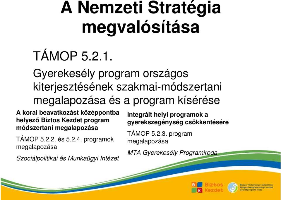 beavatkozást középpontba helyezı Biztos Kezdet program módszertani megalapozása TÁMOP 5.2.2. és 5.2.4.