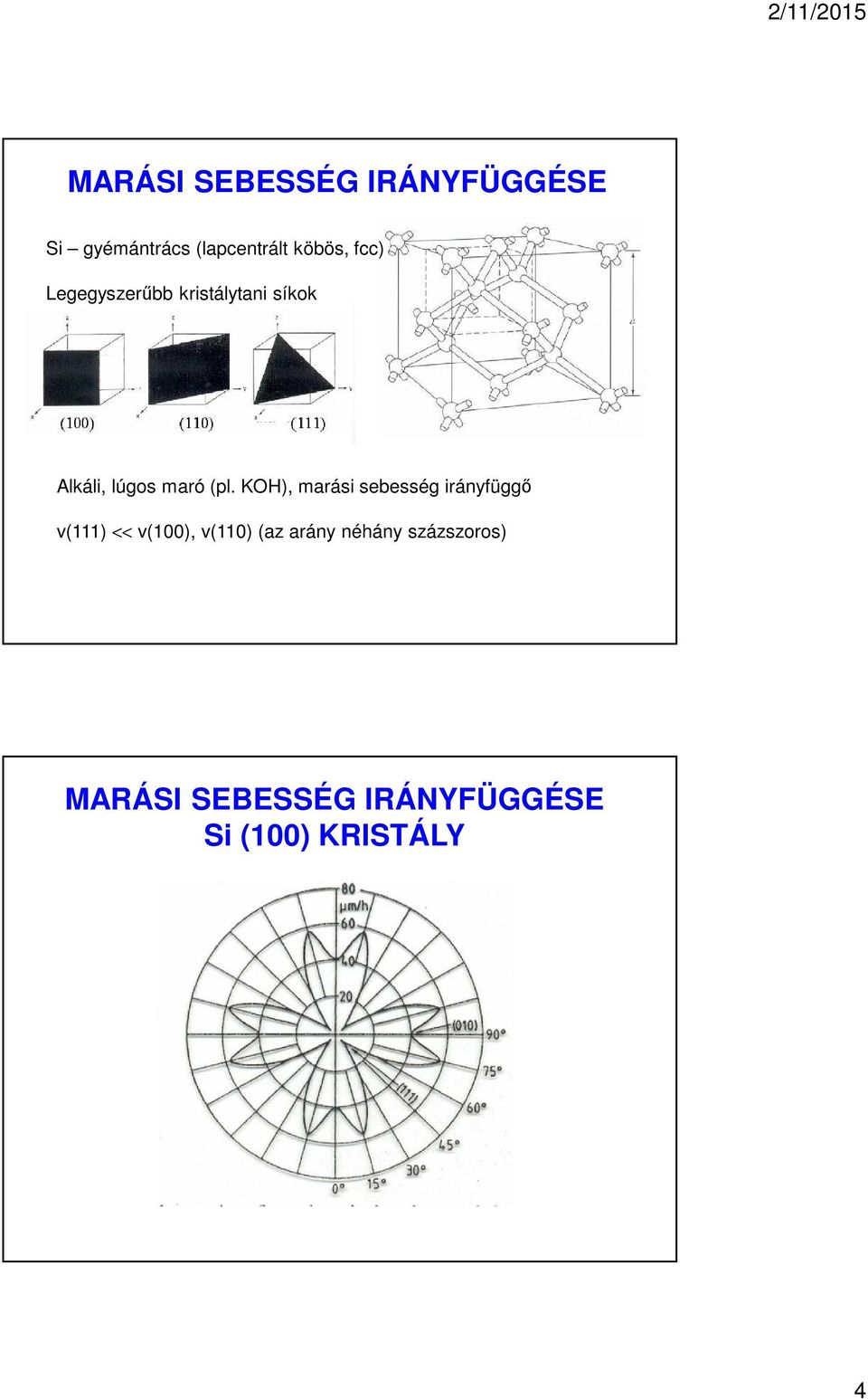 KOH), marási sebesség irányfüggő v(111) << v(100), v(110) (az
