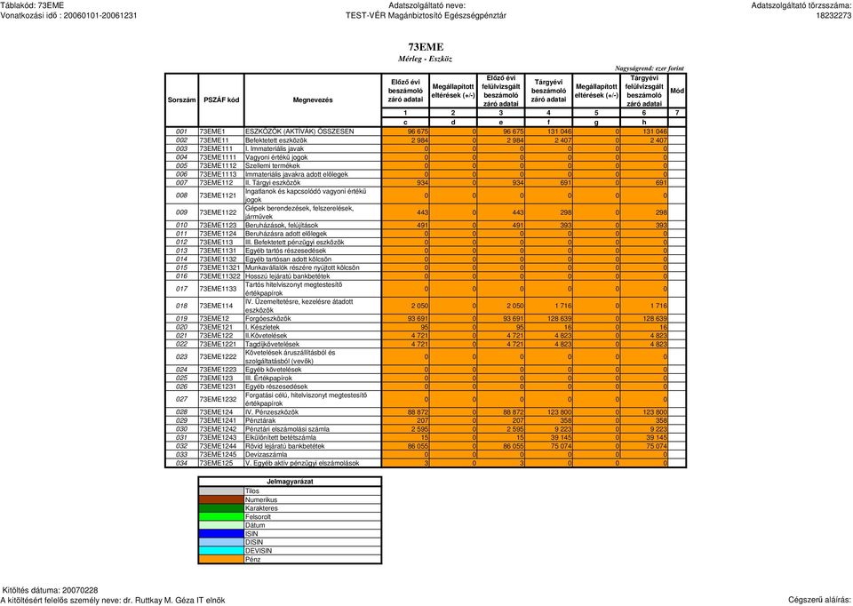 Tárgyi eszközök 934 0 934 691 0 691 008 Ingatlanok és kapcsolódó vagyoni értékő 73EME1121 jogok 009 73EME1122 Gépek berendezések, felszerelések, jármővek 443 0 443 298 0 298 010 73EME1123