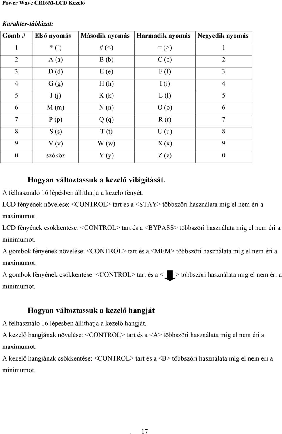 A felhasználó 16 lépésben állíthatja a kezelő fényét. LCD fényének növelése: <CONTROL> tart és a <STAY> többszöri használata míg el nem éri a maximumot.