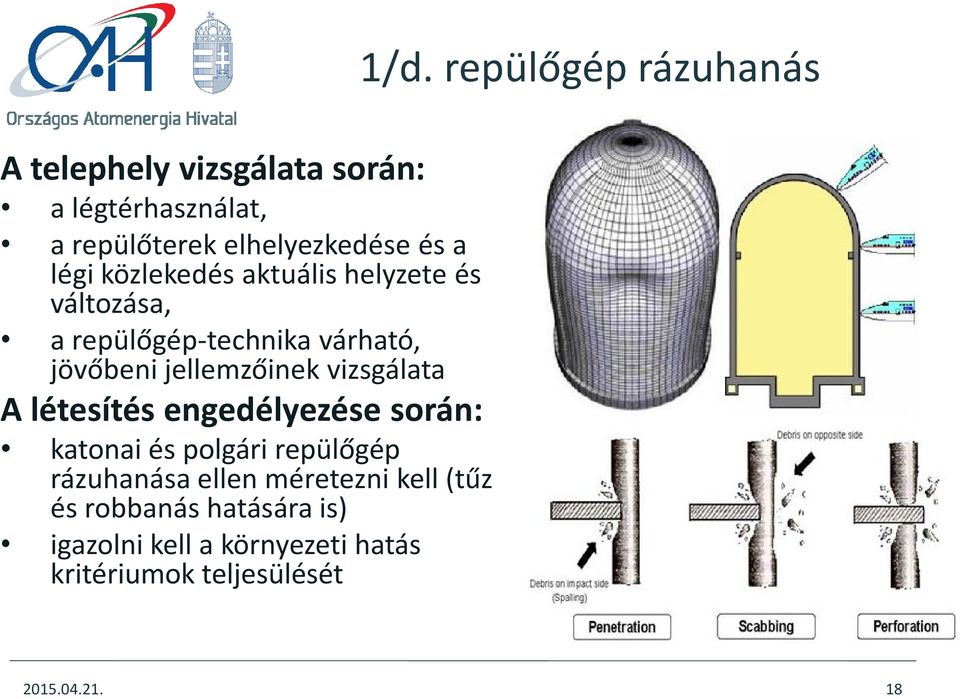 létesítés engedélyezése során: katonai és polgári repülőgép rázuhanása ellen méretezni kell (tűz és