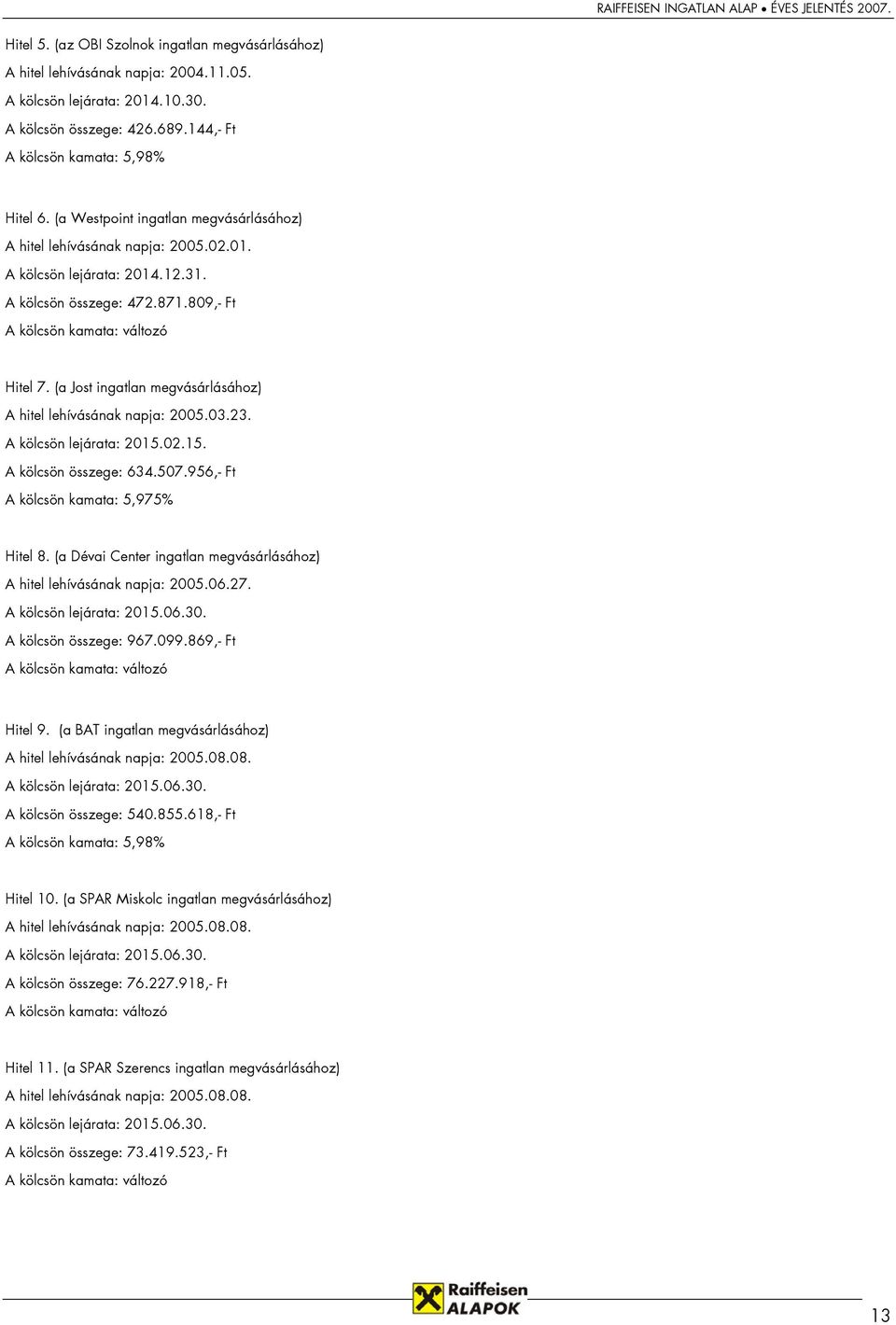 809,- Ft A kölcsön kamata: változó Hitel 7. (a Jost ingatlan megvásárlásához) A hitel lehívásának napja: 2005.03.23. A kölcsön lejárata: 2015.02.15. A kölcsön összege: 634.507.