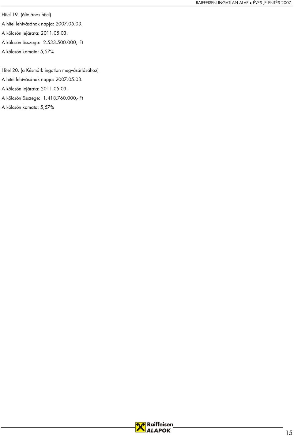 533.500.000,- Ft A kölcsön kamata: 5,57% Hitel 20.