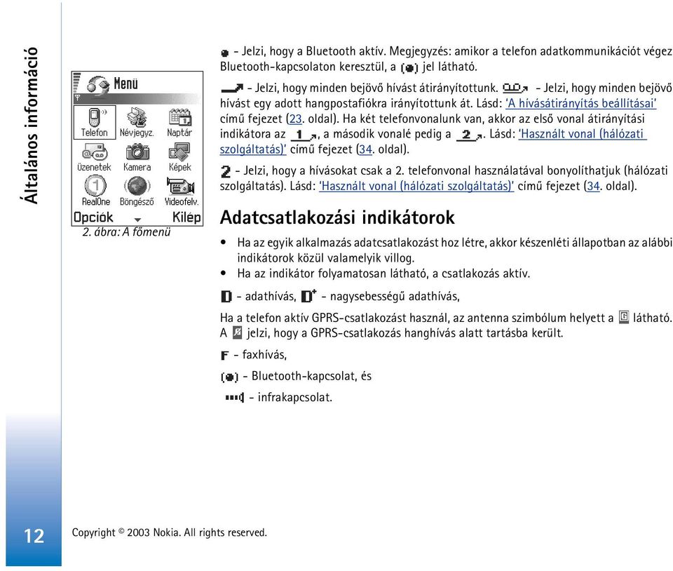 Ha két telefonvonalunk van, akkor az elsõ vonal átirányítási indikátora az, a második vonalé pedig a. Lásd: Használt vonal (hálózati szolgáltatás) címû fejezet (34. oldal).