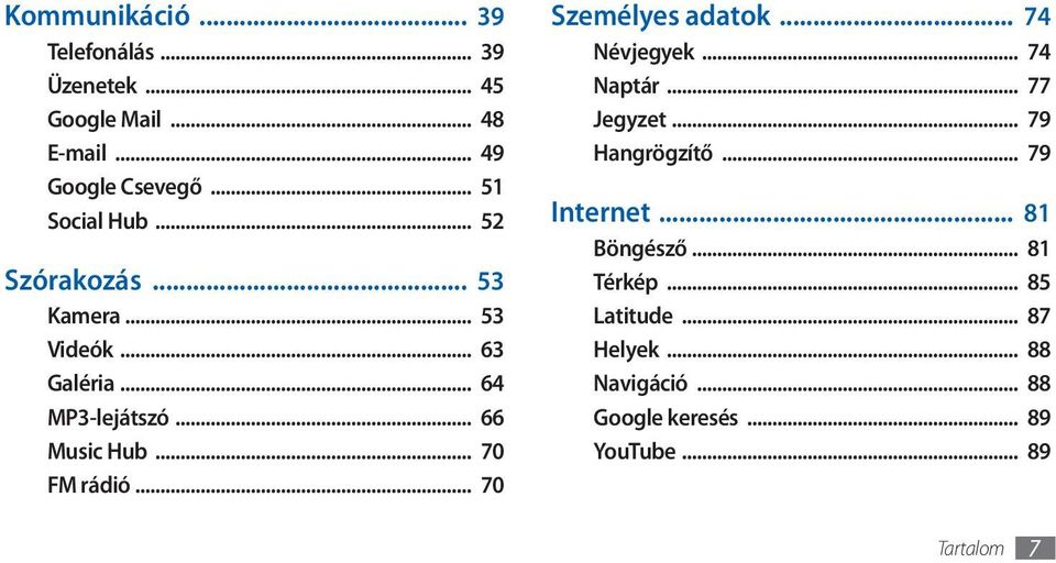 .. 70 FM rádió... 70 Személyes adatok... 74 Névjegyek... 74 Naptár... 77 Jegyzet... 79 Hangrögzítő.
