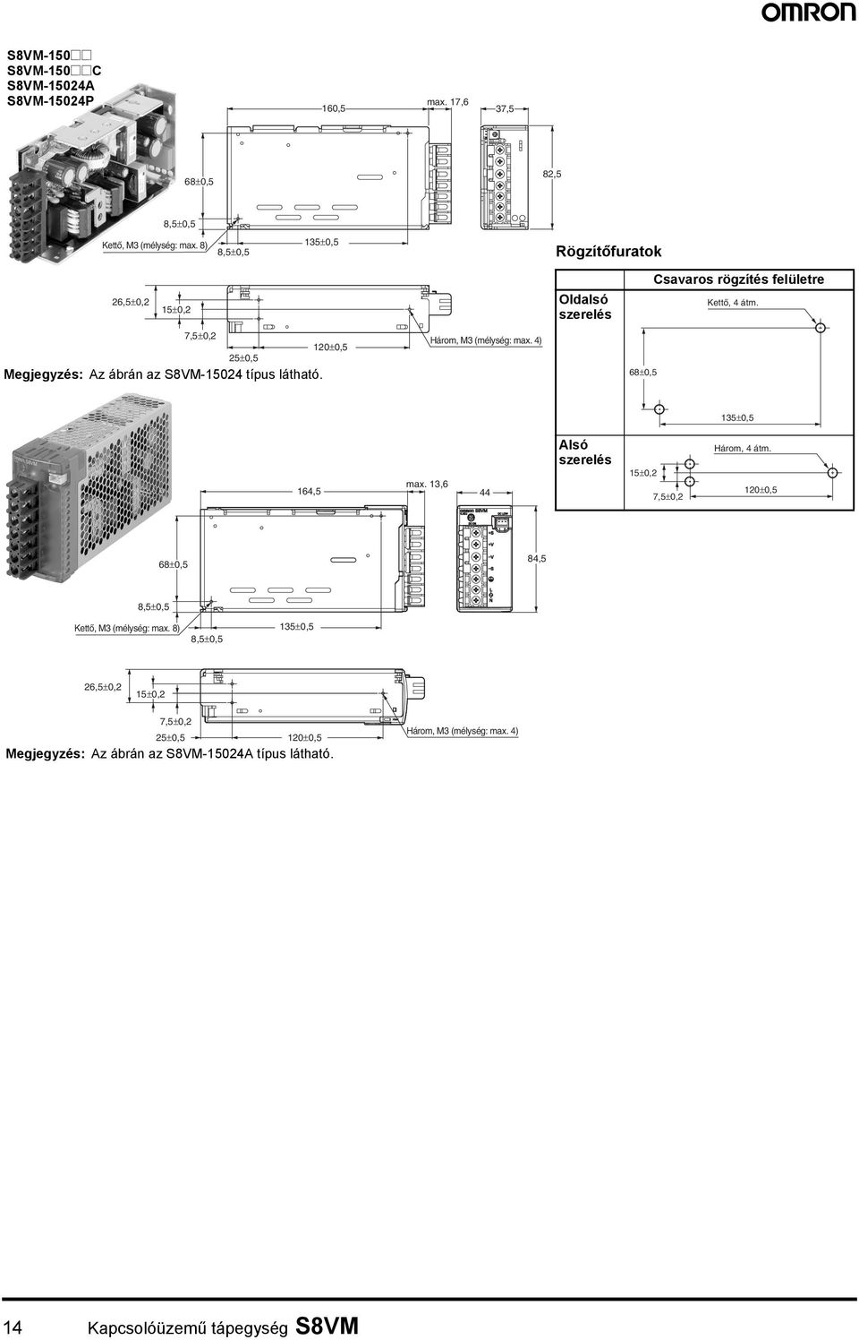 7,5±0,2 120±0,5 25±0,5 Megjegyzés: Az ábrán az S8VM-15024 típus látható. Három, M3 (mélység: max. 4) 135±0,5 164,5 max.