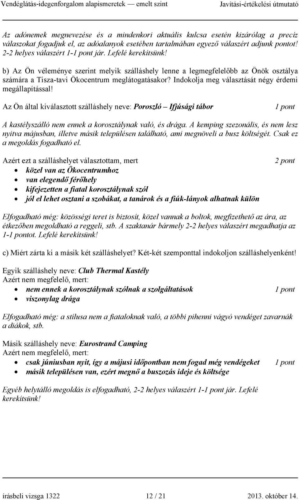 Indokolja meg választását négy érdemi megállapítással! Az Ön által kiválasztott szálláshely neve: Poroszló Ifjúsági tábor 1 pont A kastélyszálló nem ennek a korosztálynak való, és drága.
