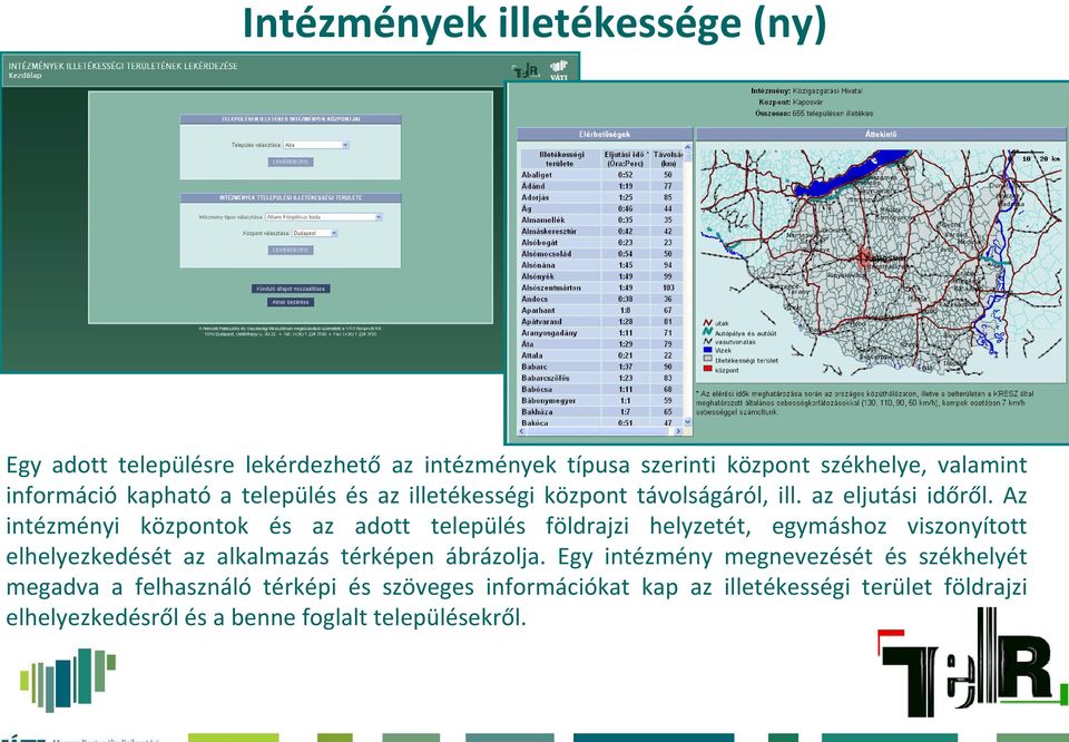 Az intézményi központok és az adott település földrajzi helyzetét, egymáshoz viszonyított elhelyezkedését az alkalmazás térképen