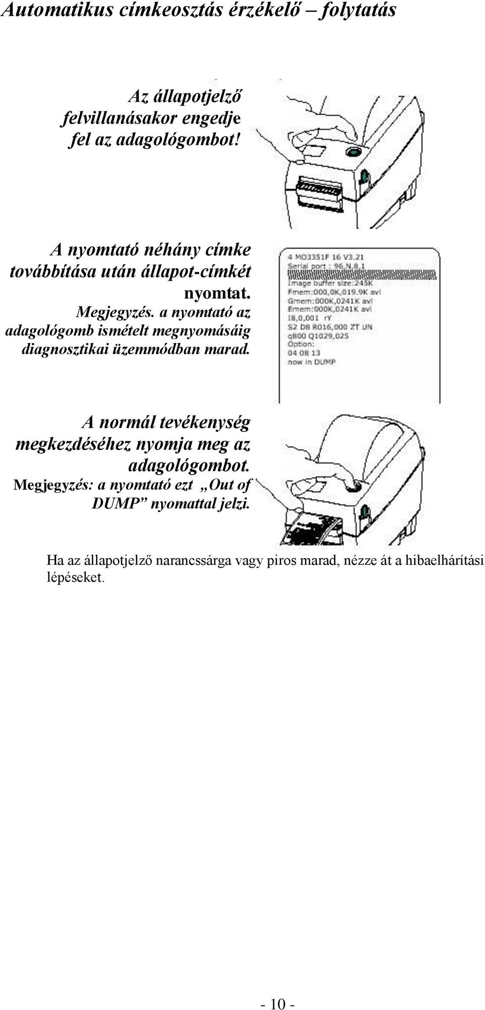 a nyomtató az adagológomb ismételt megnyomásáig diagnosztikai üzemmódban marad.