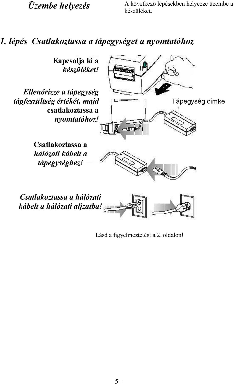 Ellenőrizze a tápegység tápfeszültség értékét, majd csatlakoztassa a nyomtatóhoz!