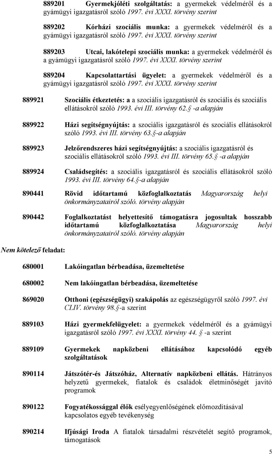 törvény szerint 889203 Utcai, lakótelepi szociális munka: a gyermekek védelméről és a gyámügyi igazgatásról szóló 1997. évi XXXI.