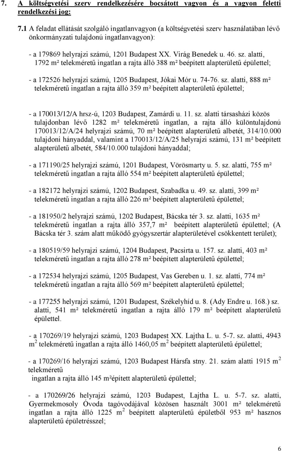 74-76. sz. alatti, 888 m² telekméretű ingatlan a rajta álló 359 m² beépített alapterületű épülettel; - a 170013/12/A hrsz-ú, 1203 Budapest, Zamárdi u. 11. sz. alatti társasházi közös tulajdonban lévő 1282 m² telekméretű ingatlan, a rajta álló különtulajdonú 170013/12/A/24 helyrajzi számú, 70 m² beépített alapterületű albetét, 314/10.