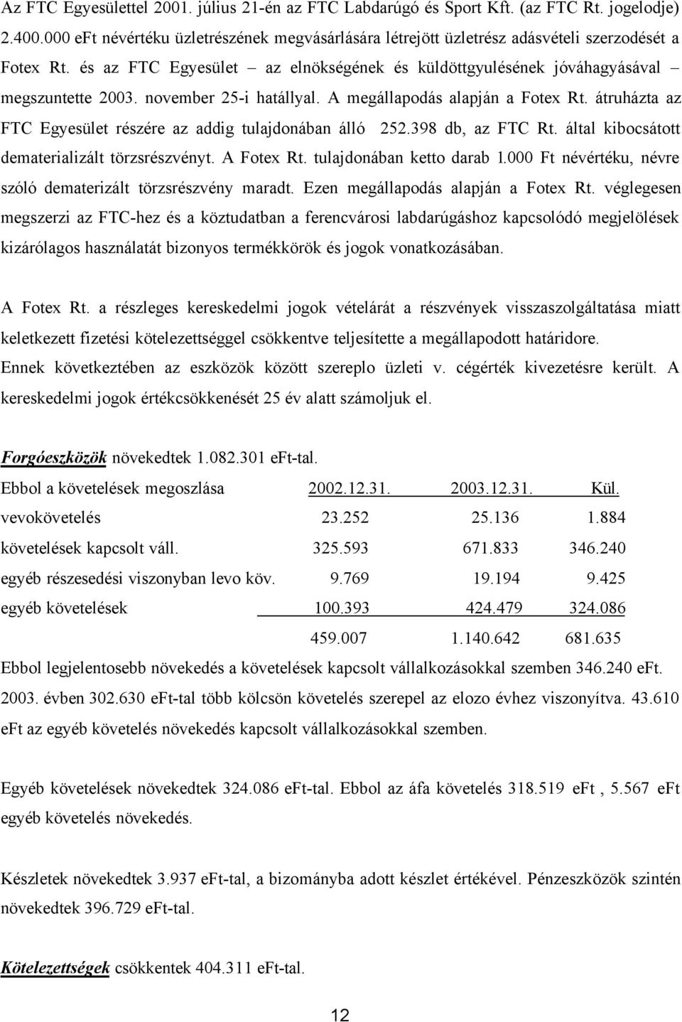 átruházta az FTC Egyesület részére az addig tulajdonában álló 252.398 db, az FTC Rt. által kibocsátott dematerializált törzsrészvényt. A Fotex Rt. tulajdonában ketto darab 1.