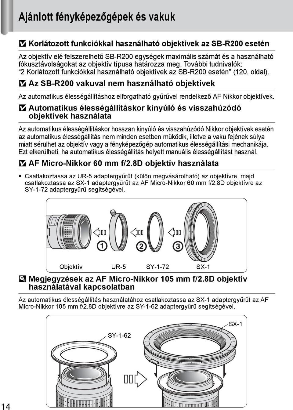 v Az SB-R200 vakuval nem használható objektívek Az automatikus élességállításhoz elforgatható gyűrűvel rendelkező AF Nikkor objektívek.