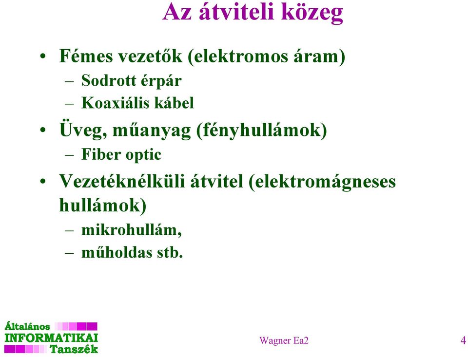 (fényhullámok) Fiber optic Vezetéknélküli átvitel