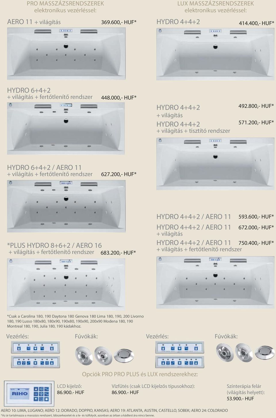 200,- HUF* HYDRO 6+4+2 / AERO 11 + világítás + fertőtlenítő rendszer 627.200,- HUF* *PLUS HYDRO 8+6+2 / AERO 16 + világítás + fertőtlenítő rendszer 683.