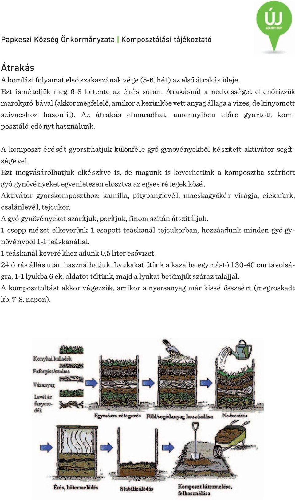 Az átrakás elmaradhat, amennyiben előre gyártott komposztáló edé nyt használunk. A komposzt é ré sé t gyorsíthatjuk különfé le gyó gynövé nyekből ké szített aktivátor segítsé gé vel.