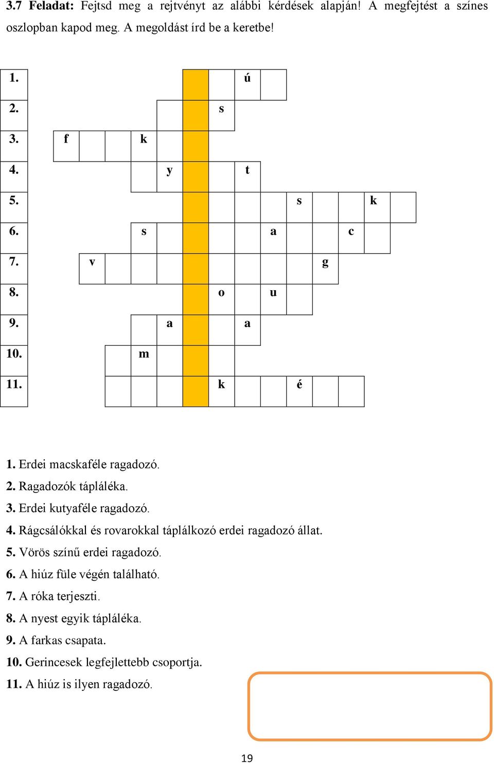 4. Rágcsálókkal és rovarokkal táplálkozó erdei ragadozó állat. 5. Vörös színű erdei ragadozó. 6. A hiúz füle végén található. 7.