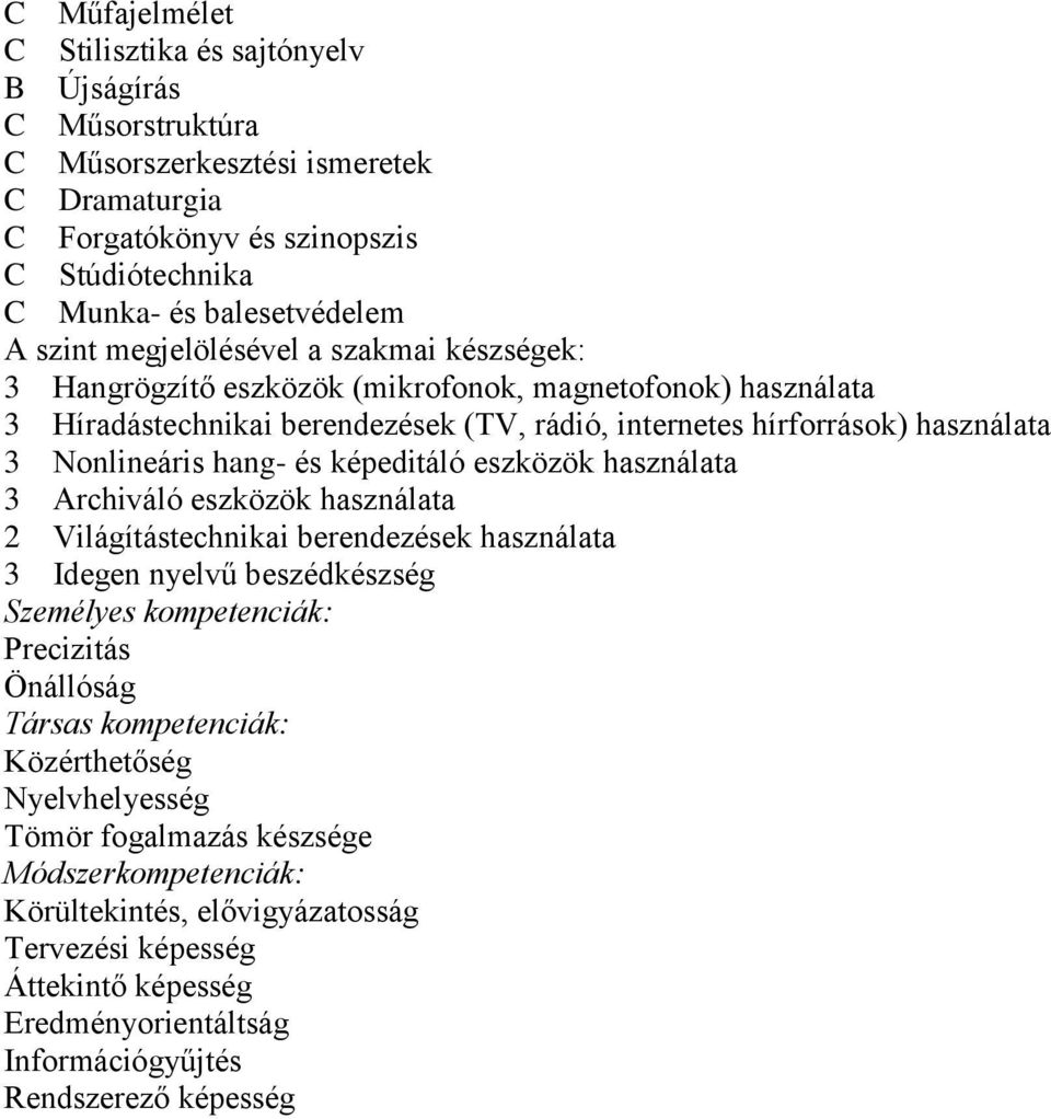 képeditáló eszközök használata 3 Archiváló eszközök használata 2 Világítástechnikai berendezések használata 3 Idegen nyelvű beszédkészség Személyes kompetenciák: Precizitás Önállóság Társas