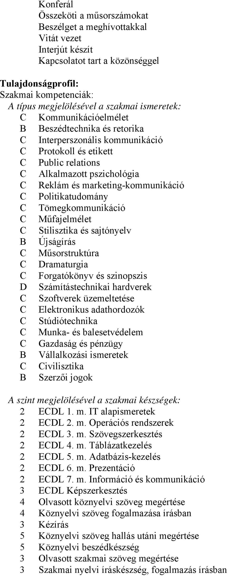 Politikatudomány C Tömegkommunikáció C Műfajelmélet C Stilisztika és sajtónyelv B Újságírás C Műsorstruktúra C Dramaturgia C Forgatókönyv és szinopszis D Számítástechnikai hardverek C Szoftverek