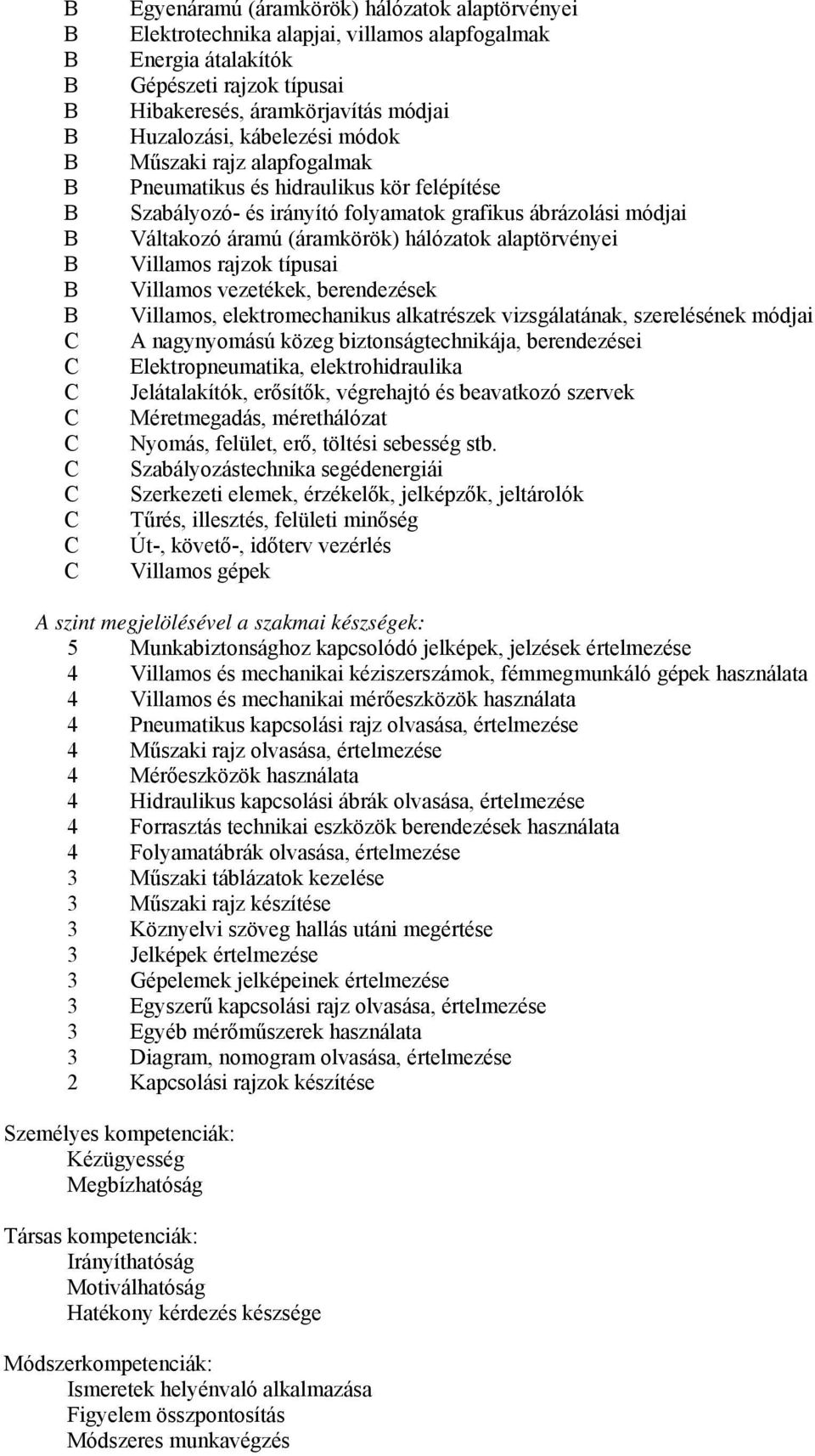 rajzok típusai Villamos vezetékek, berendezések Villamos, elektromechanikus alkatrészek vizsgálatának, szerelésének módjai A nagynyomású közeg biztonságtechnikája, berendezései Elektropneumatika,