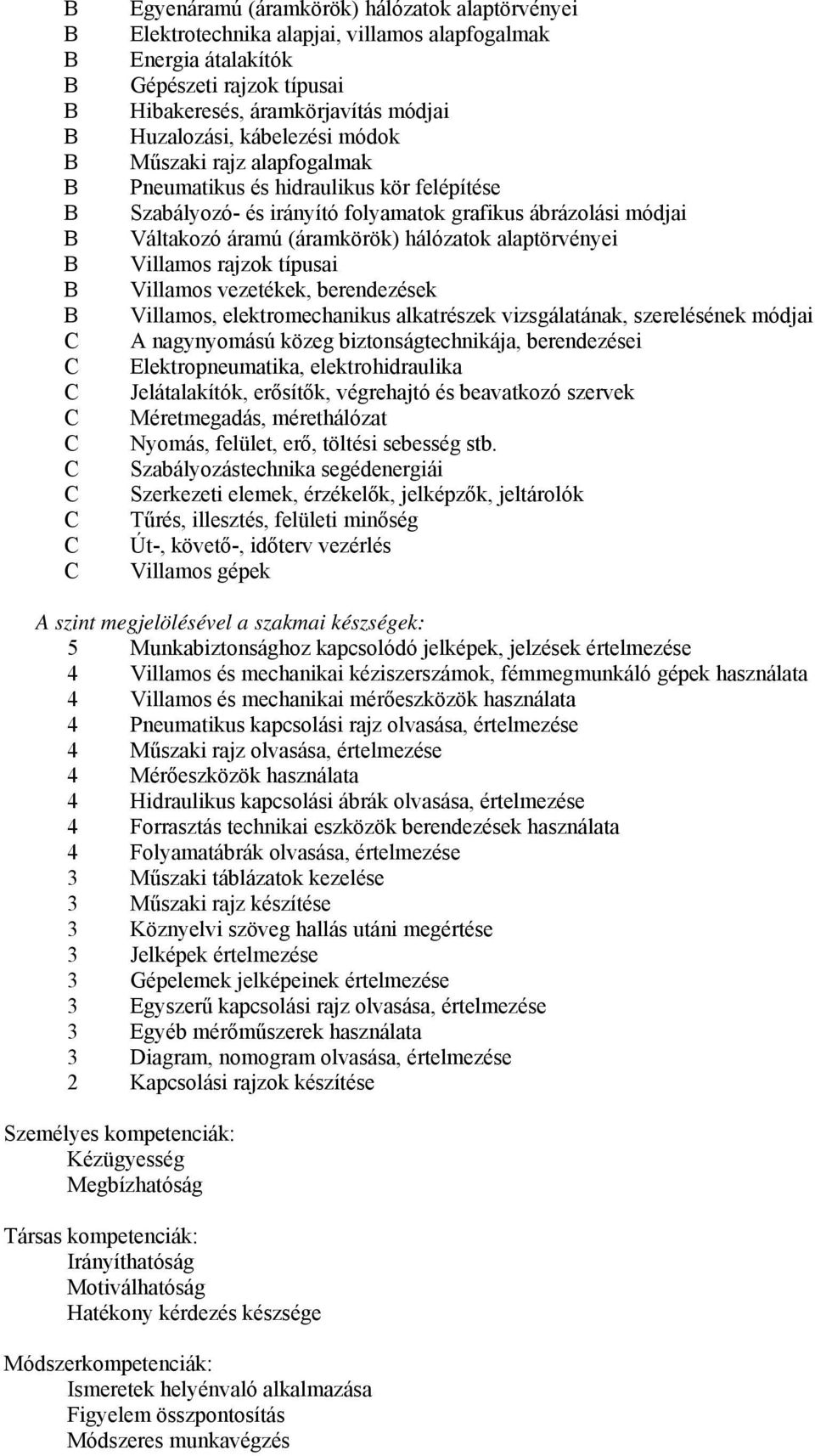 rajzok típusai Villamos vezetékek, berendezések Villamos, elektromechanikus alkatrészek vizsgálatának, szerelésének módjai A nagynyomású közeg biztonságtechnikája, berendezései Elektropneumatika,