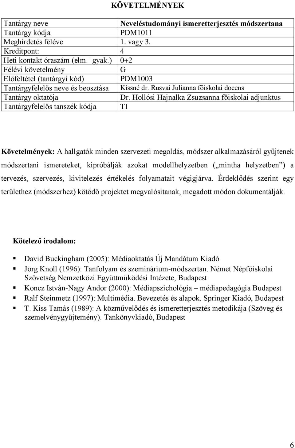 Hollósi Hajnalka Zsuzsanna főiskolai adjunktus Tantárgyfelelős tanszék kódja TI Követelmények: A hallgatók minden szervezeti megoldás, módszer alkalmazásáról gyűjtenek módszertani ismereteket,