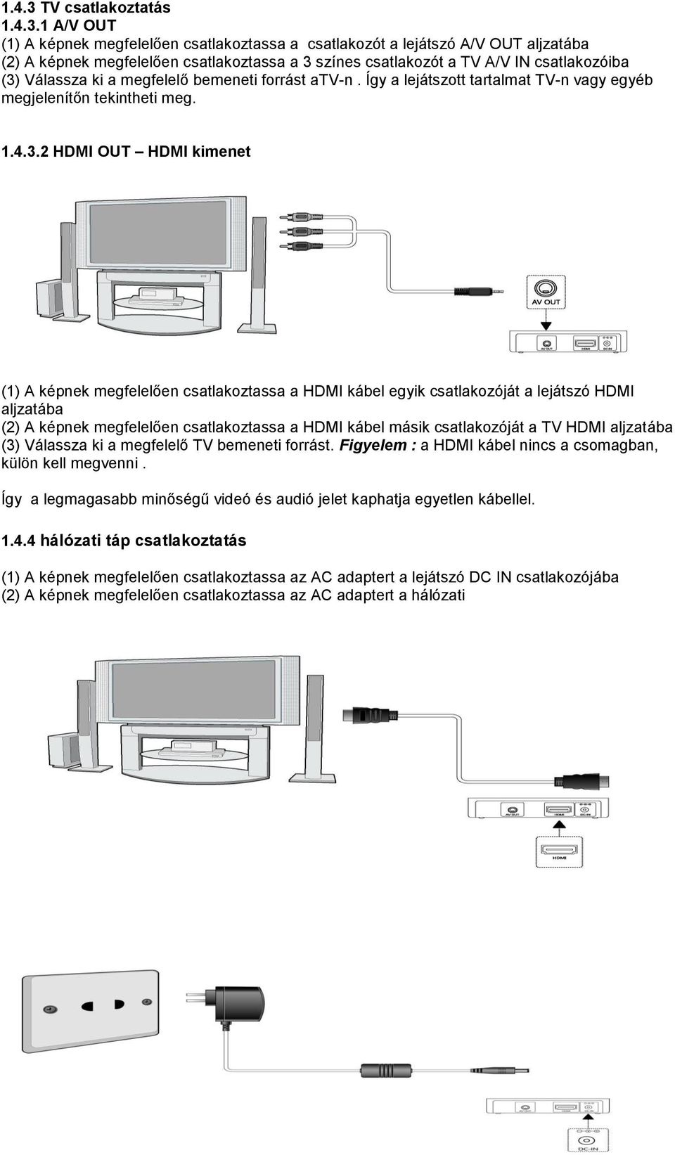 1 A/V OUT (1) A képnek megfelelően csatlakoztassa a csatlakozót a lejátszó A/V OUT aljzatába (2) A képnek megfelelően csatlakoztassa a 3 színes csatlakozót a TV A/V IN csatlakozóiba (3) Válassza ki a