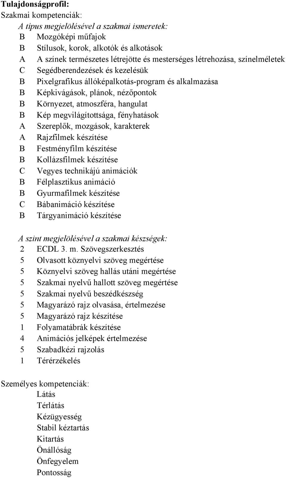 megvilágítottsága, fényhatások A Szereplők, mozgások, karakterek A Rajzfilmek készítése B Festményfilm készítése B Kollázsfilmek készítése C Vegyes technikájú animációk B Félplasztikus animáció B