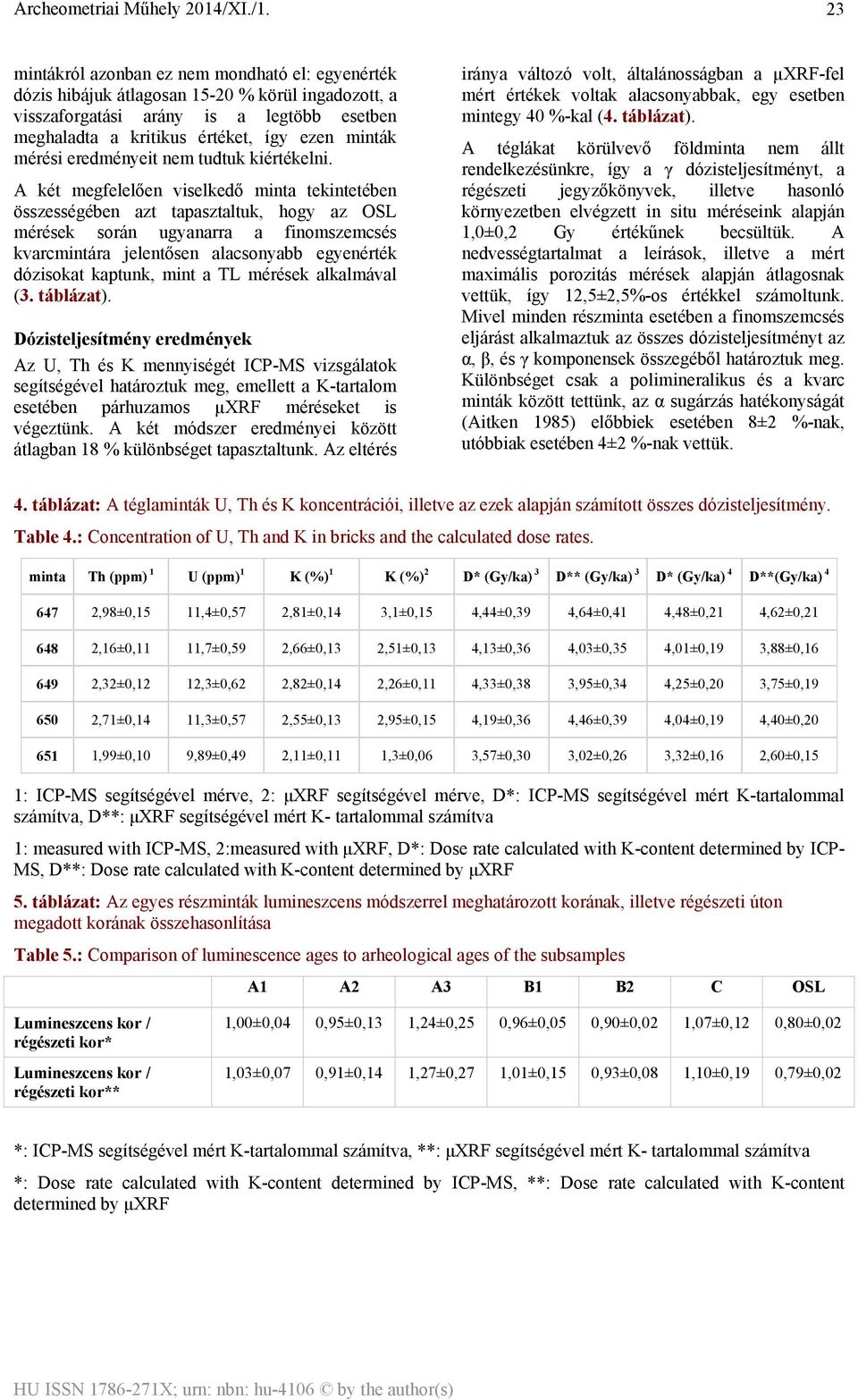 A két megfelelően viselkedő minta tekintetében összességében azt tapasztaltuk, hogy az OSL mérések során ugyanarra a finomszemcsés kvarcmintára jelentősen alacsonyabb egyenérték dózisokat kaptunk,