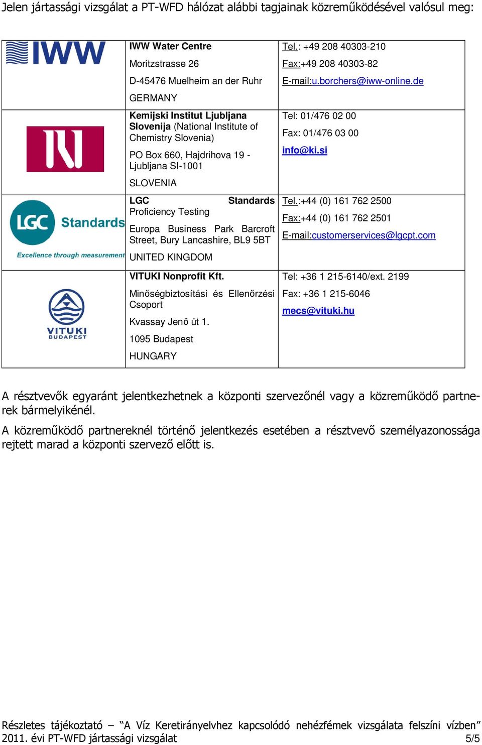 UNITED KINGDOM VITUKI Nonprofit Kft. Minőségbiztosítási és Ellenőrzési Csoport Kvassay Jenő út 1. 1095 Budapest HUNGARY Tel.: +49 208 40303-210 Fax:+49 208 40303-82 E-mail:u.borchers@iww-online.