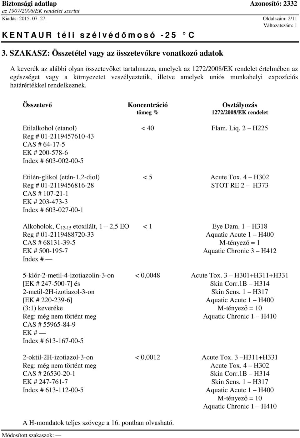 veszélyeztetik, illetve amelyek uniós munkahelyi expozíciós határértékkel rendelkeznek. Összetevő Koncentráció Osztályozás tömeg % 1272/2008/EK rendelet < 40 Flam. Liq.
