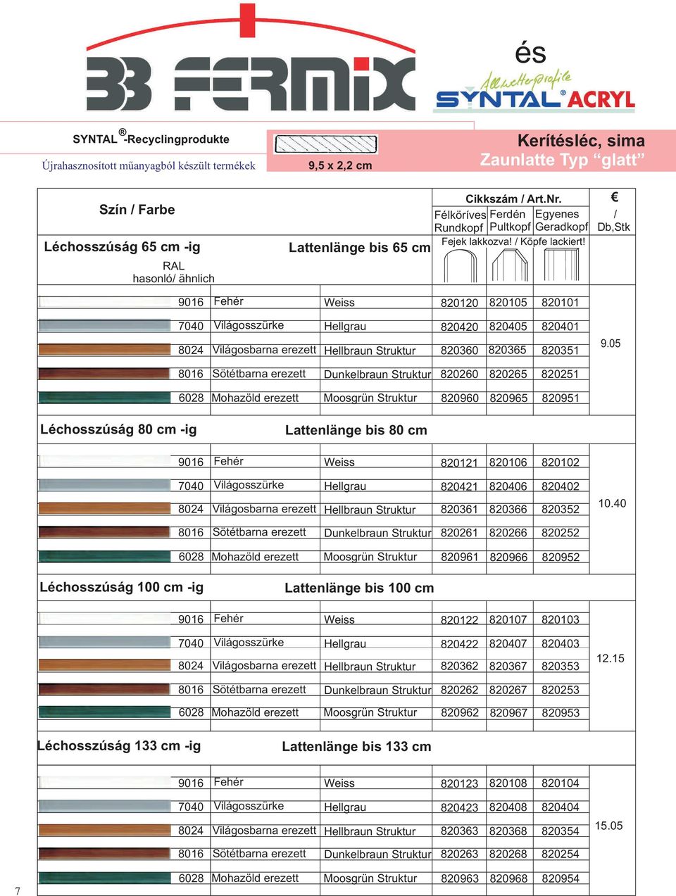 7040 8024 820120 820105 820101 Világosszürke Hellgrau 820420 820405 820401 Világosbarna erezett Hellbraun Struktur 820360 820365 820351 9.