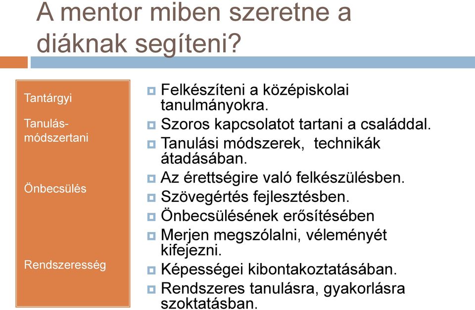 Szoros kapcsolatot tartani a családdal. Tanulási módszerek, technikák átadásában.