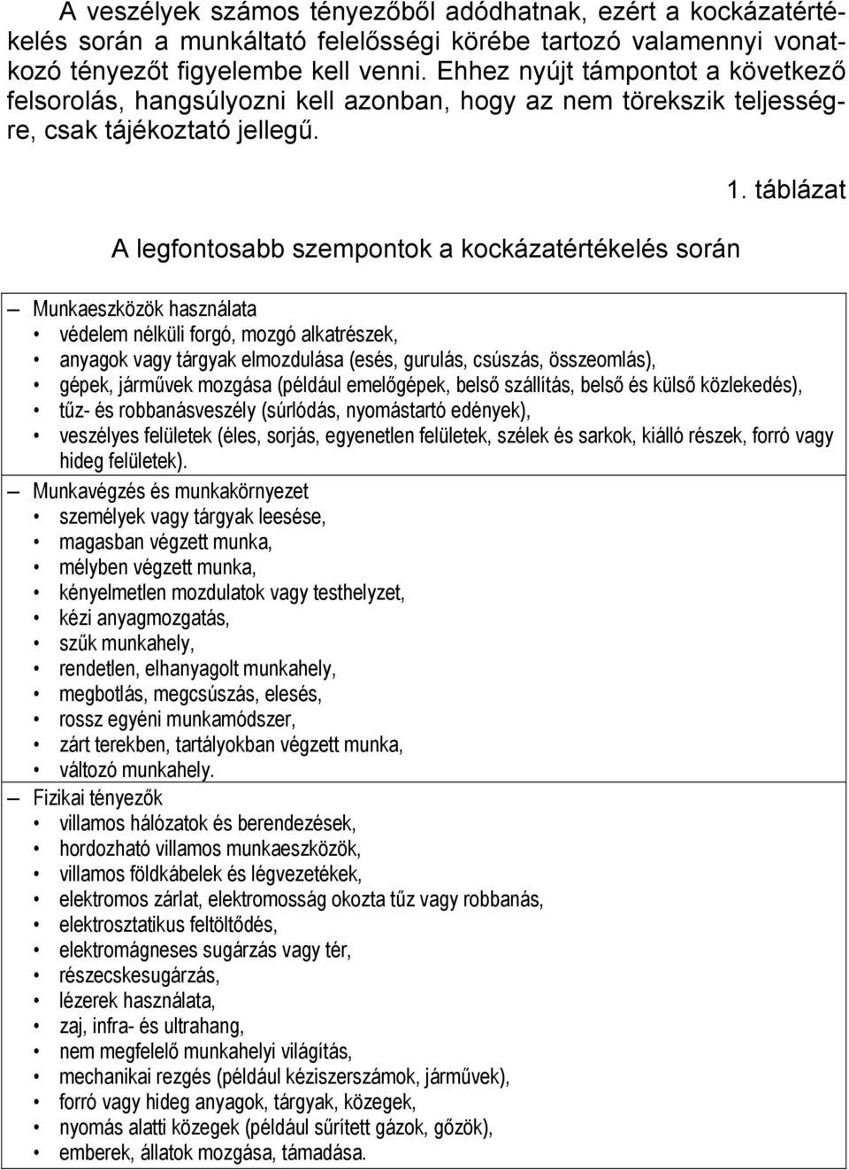 táblázat Munkaeszközök használata védelem nélküli forgó, mozgó alkatrészek, anyagok vagy tárgyak elmozdulása (esés, gurulás, csúszás, összeomlás), gépek, járművek mozgása (például emelőgépek, belső