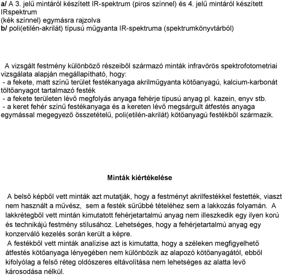 infravörös spektrofotometriai vizsgálata alapján megállapítható, hogy: - a fekete, matt színű terület festékanyaga akrilműgyanta kötőanyagú, kalcium-karbonát töltőanyagot tartalmazó festék - a fekete