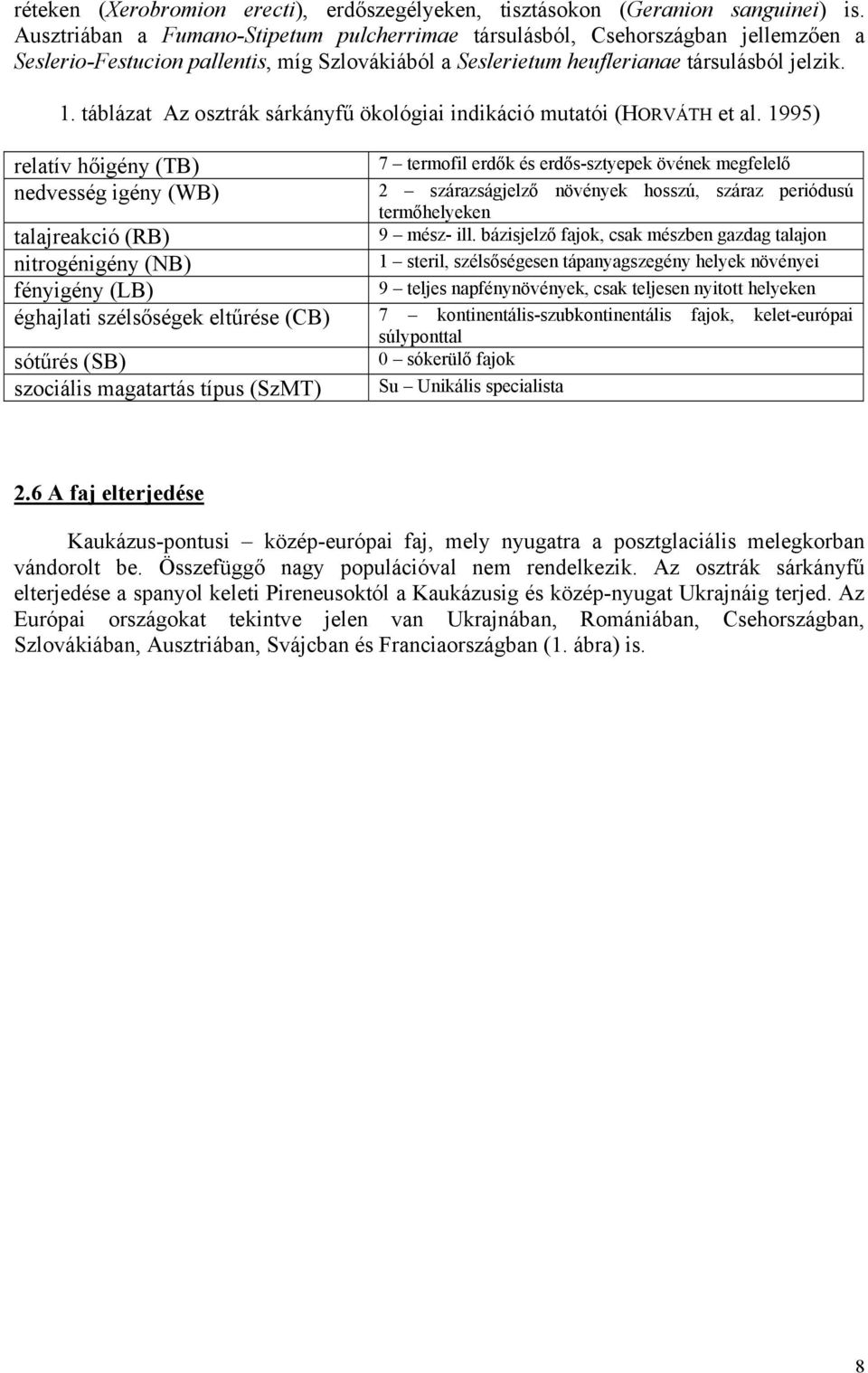 táblázat Az osztrák sárkányfű ökológiai indikáció mutatói (HORVÁTH et al.