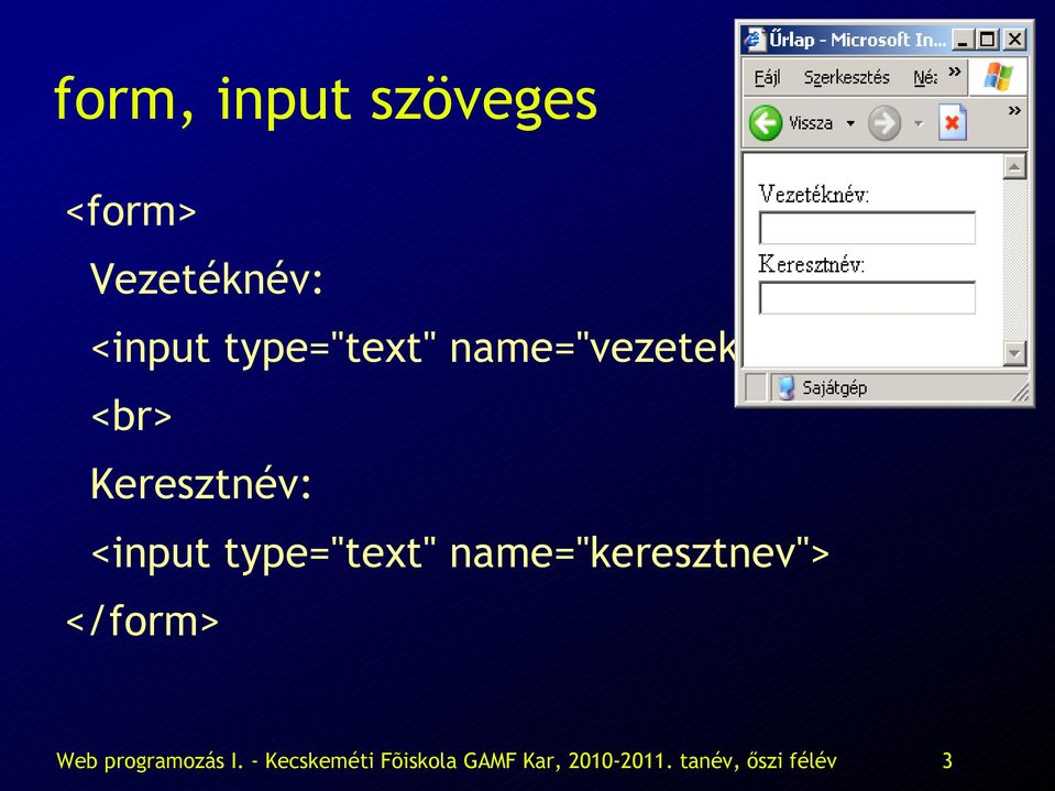 type="text" name="keresztnev"> </form> Web programozás