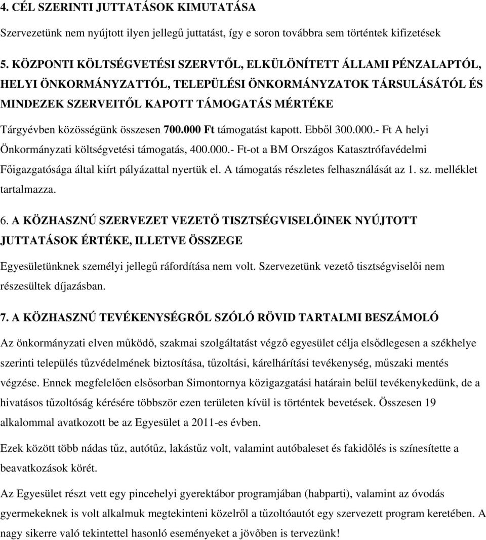 összesen 700.000 Ft támogatást kapott. Ebből 300.000.- Ft A helyi Önkormányzati költségvetési támogatás, 400.000.- Ft-ot a BM Országos Katasztrófavédelmi Főigazgatósága által kiírt pályázattal nyertük el.