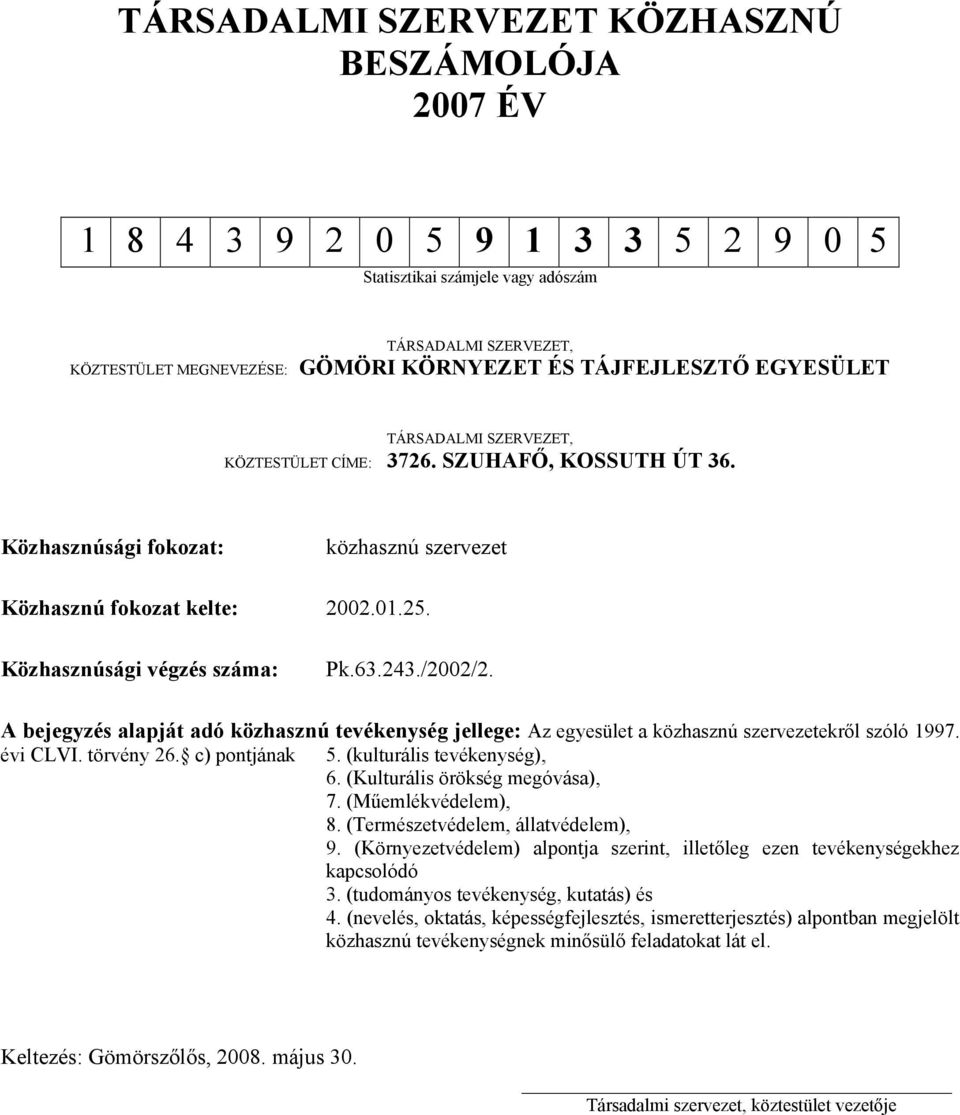 A bejegyzés alapját adó közhasznú tevékenység jellege: Az egyesület a közhasznú szervezetekről szóló 1997. évi CLVI. törvény 26. c) pontjának 5. (kulturális tevékenység), 6.