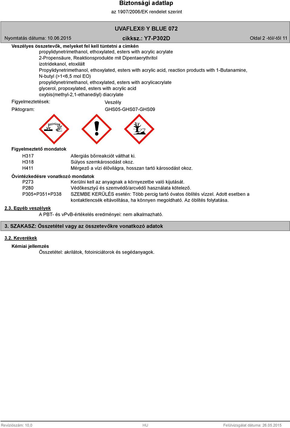acrylicacrylate glycerol, propoxylated, esters with acrylic acid oxybis(methyl-2,1-ethanediyl) diacrylate Figyelmeztetések: Piktogram: Veszély GHS05-GHS07-GHS0 Figyelmeztető mondatok H317 H318 H411