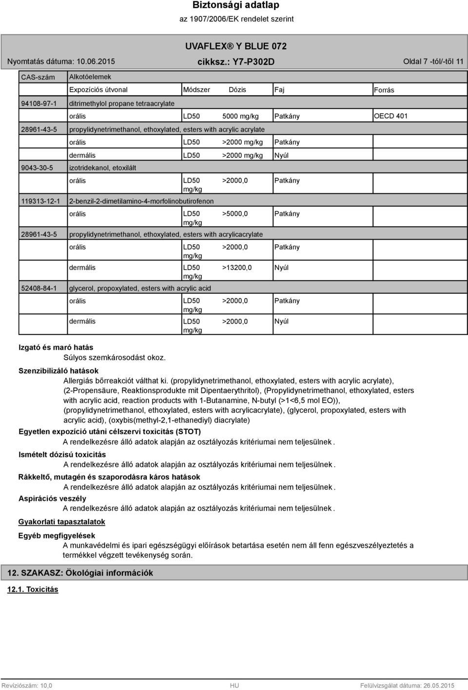 propylidynetrimethanol, ethoxylated, esters with acrylicacrylate dermális 52408-84-1 glycerol, propoxylated, esters with acrylic acid dermális LD50 >2000,0 LD50 >13200,0 LD50 >2000,0 LD50 >2000,0