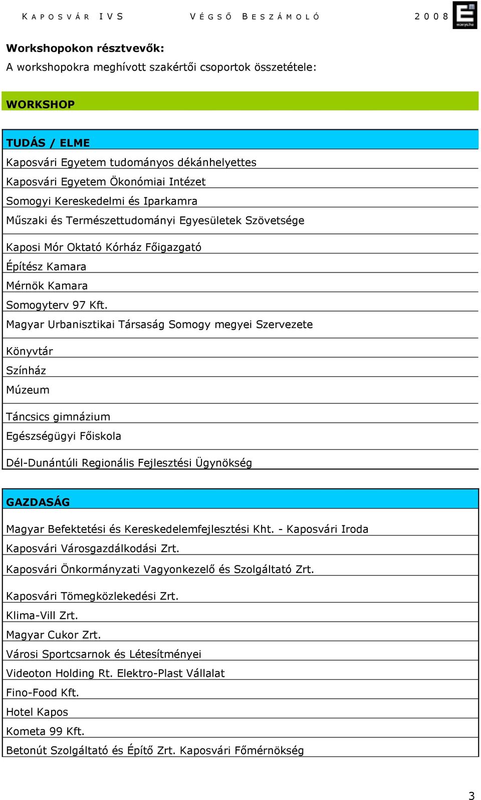 Magyar Urbanisztikai Társaság Somogy megyei Szervezete Könyvtár Színház Múzeum Táncsics gimnázium Egészségügyi Főiskola Dél-Dunántúli Regionális Fejlesztési Ügynökség GAZDASÁG Magyar Befektetési és